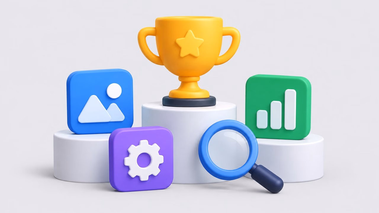 Illustration of a podium with colorful software cards, a magnifying glass and a trophy